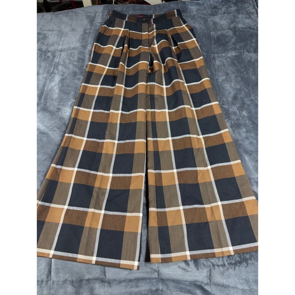 STAUD Pants - STAUD‎ Brown Black Plaid Wide Leg Wool Blend Pleated High Rise Trousers Pants